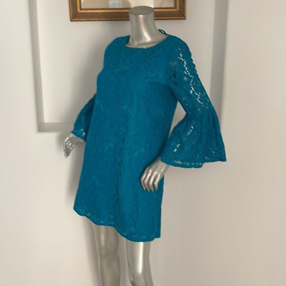 Laundry By Shelli Segal Bell Sleeve Lace A-Line Dress Blue Size 6 - Picture 5 of 14